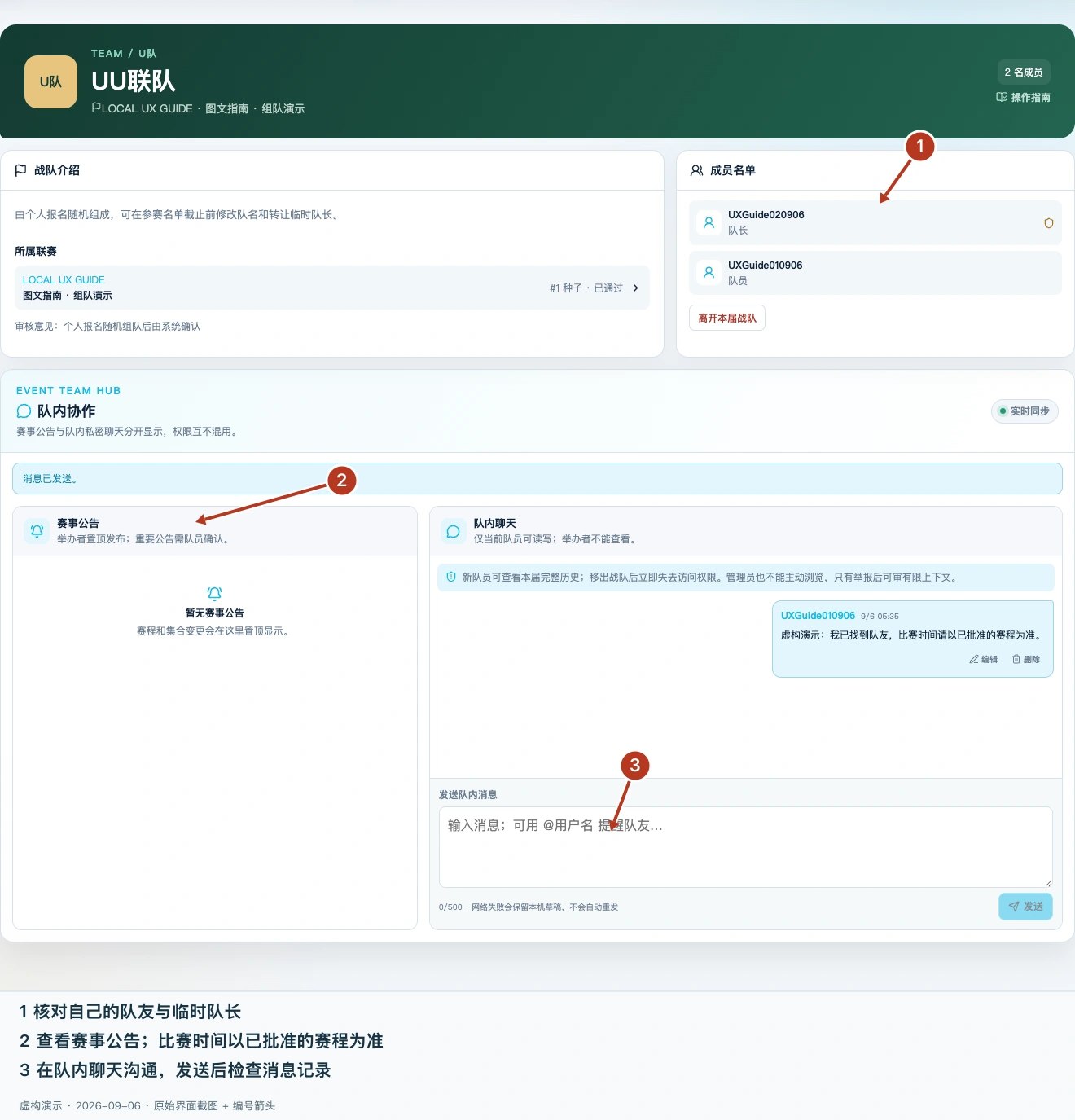 编号 1 指向成员名单,2 指向赛事公告,3 指向队内聊天输入框。